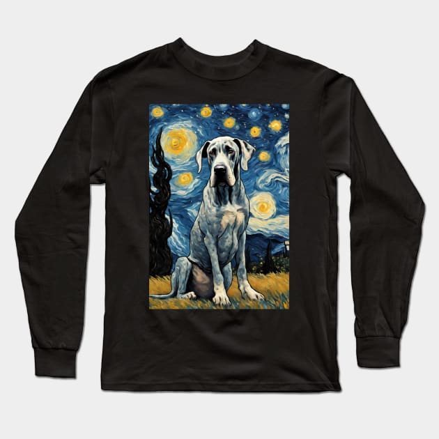 Great Dane Dog Breed Painting in a Van Gogh Starry Night Art Style Long Sleeve T-Shirt by Art-Jiyuu